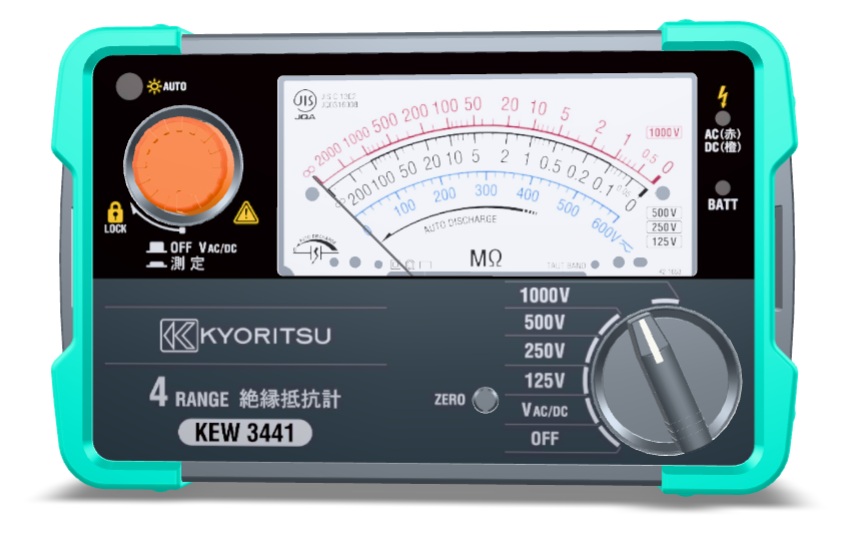 KEW3441の測定レンジ切替ダイヤル。1000V・500V・250V・125V・VAC/DC・OFFの6ポジション