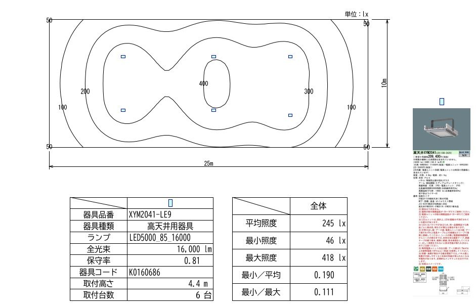 照度計算の等照度曲線の図面